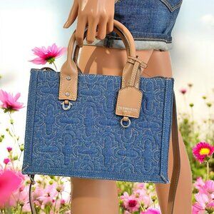 True Religion Blue Denim Horseshoe Quilted Mini Tote Bag Crossbody Purse NWT